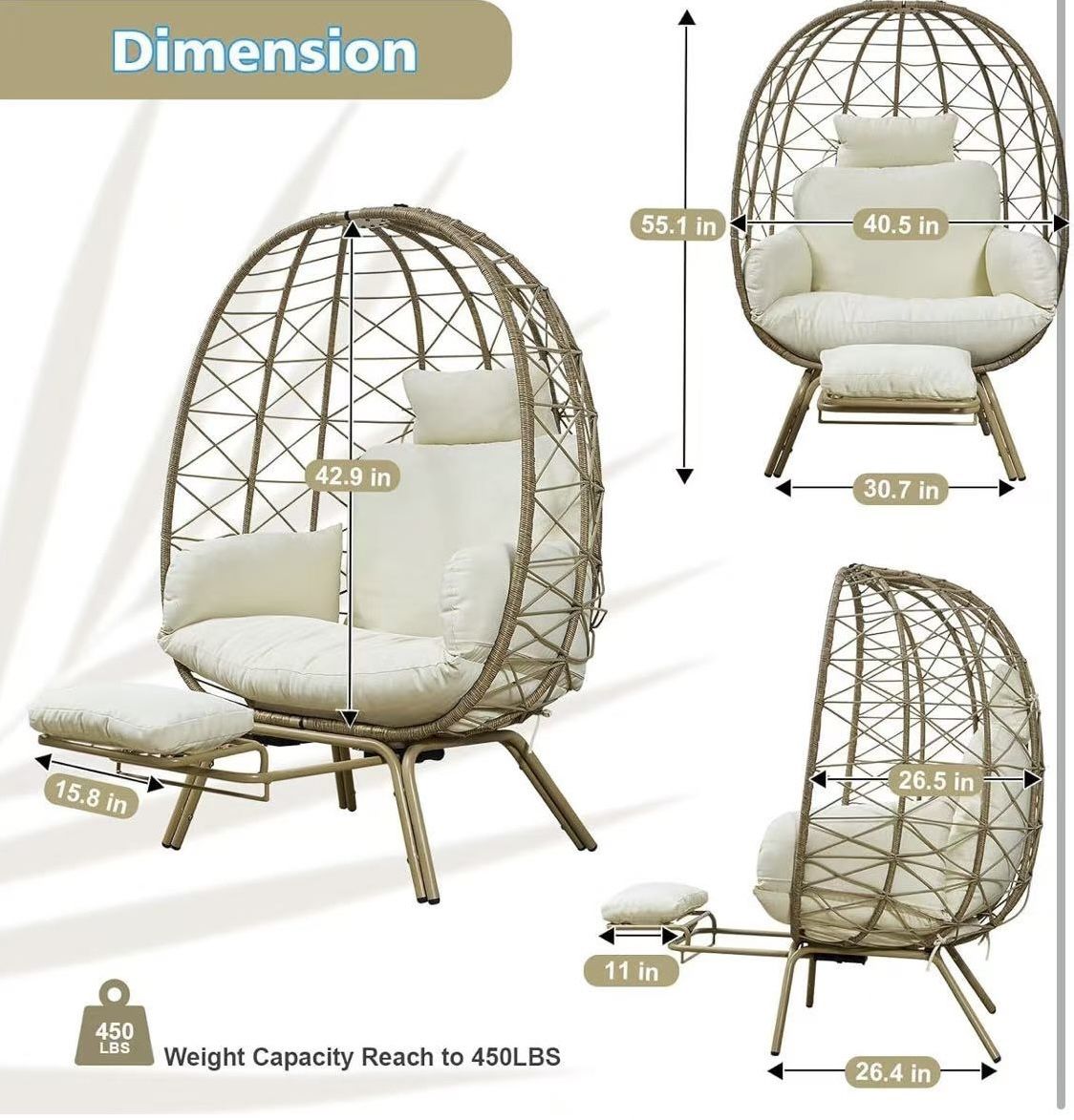 ✌️ Wicker Egg Chair with Footrest & Cushions - Oversized 450lb Capacity Boho Wicker Egg Chair with Ottoman for Indoor/Outdoor - Beige Rattan Lounge Se