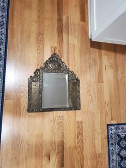 Antique Brass Beveled Mirror W 2 Hooks 
