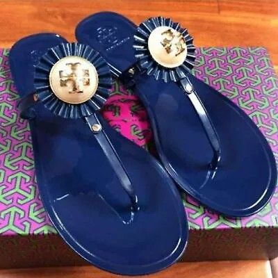 Tory Burch Designer melody pearl navy blue Gold Jelly Sandals Thong Flip Flop 10