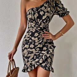 Allover Print Puff Sleeve Dress Size S 