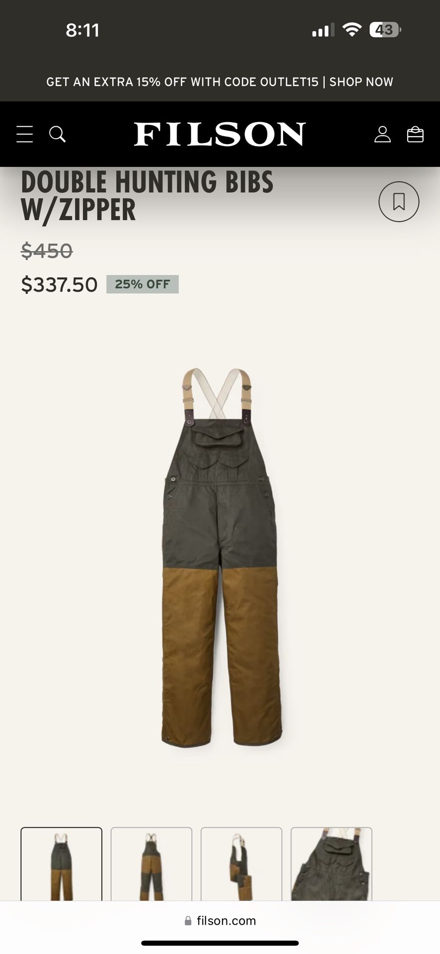 filson double hunting bibs with zipper BRAND NEW