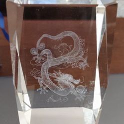 3D Chinese Dragon Chasing Pearl Etched Crystal Paperweight With Box