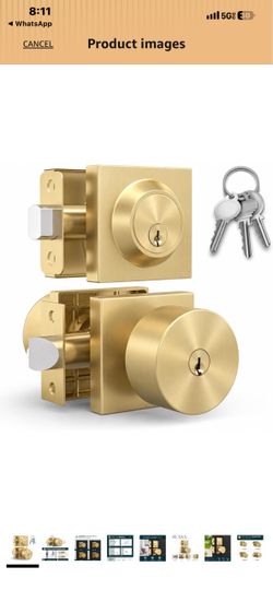 Gold Suana Door Knob & Deadbolt Combo, Satin Brass Keyed Door Knob Plus Matching Deadbolt, Front Door Set,$55