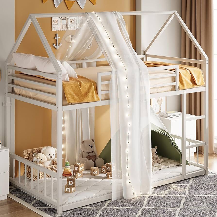 Bunk Bed Twin Over Twin, House Bunk Bed Frame with Ladder and Guardrail, House Shaped with Metal Slats for Dormitory and Bedroom, Space Saving, No Box