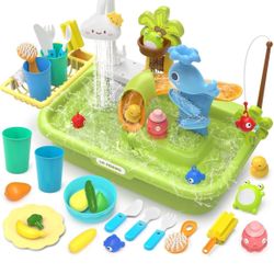 Play Sink with Running Water, 4-in-1 Kids Kitchen Sink Toys with Electric Faucet, Water Table Floating Pool Toy w/Fishing Game, Duck Slide, Pretend Pl