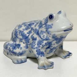 Vintage Andrea By Sadek Frog Coin Bank Blue White Glossy Porcelain