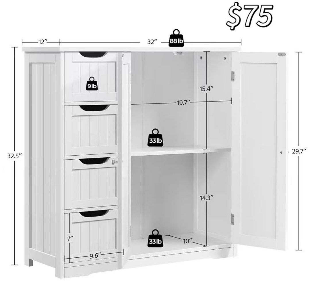 😀 Yaheetech Wooden Bathroom Floor Cabinet, Side Storage Organizer Cabinet with 4 Drawers & Double Doors, Freestanding Entryway Storage Unit Console 