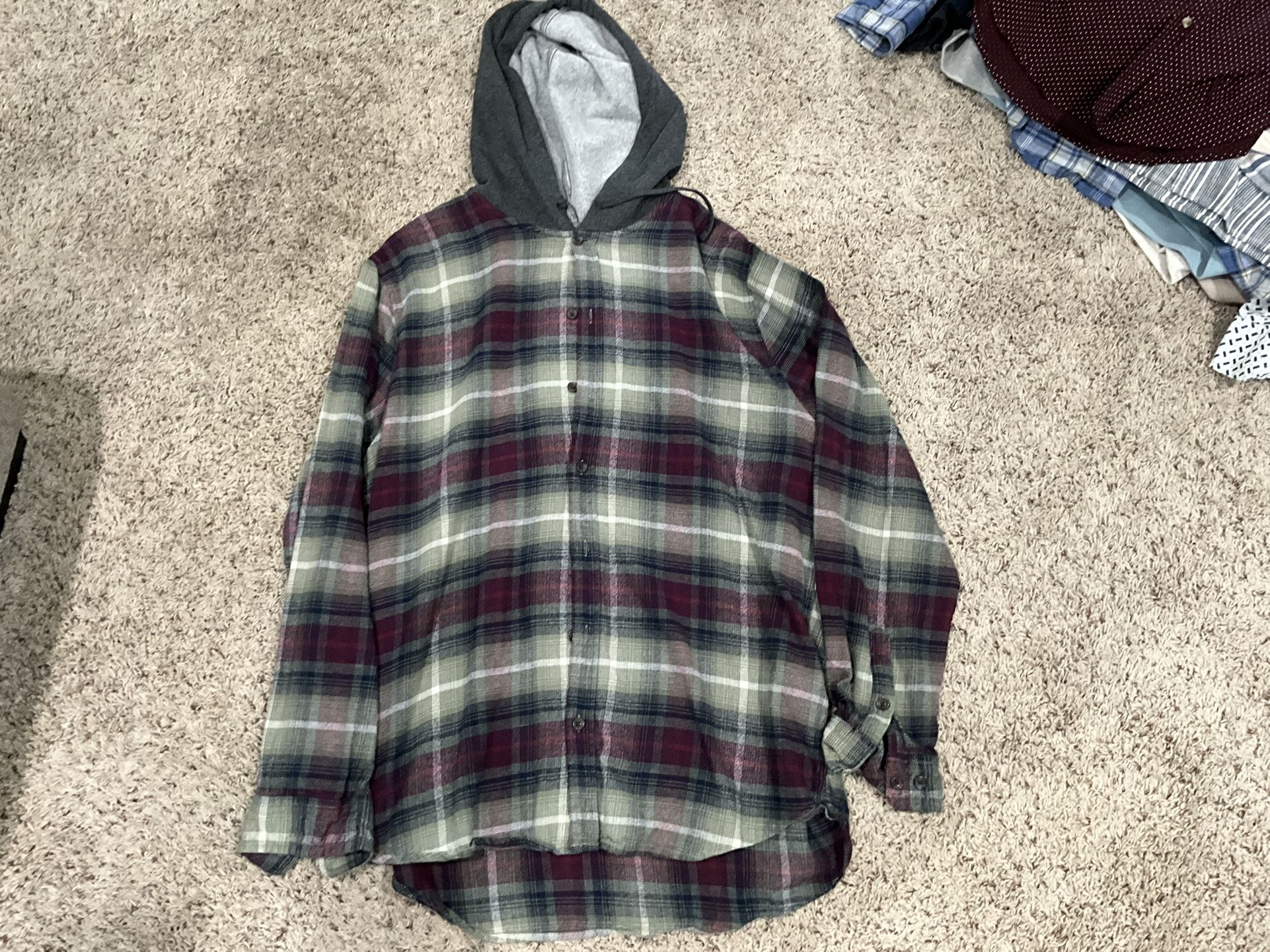 Men’s Plaid Flannel Shirt with Hoodie - Size XL NEW!!