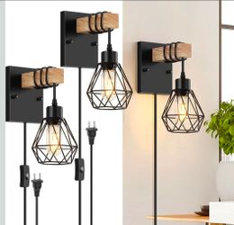 Plug in Wall Sconces Set of Two, Vintage Wood Wall Lamps with Plug in Cord, Farmhouse Wall Light Fixture with 5.25FT On/Off Switch Cord, Indoor Sconce