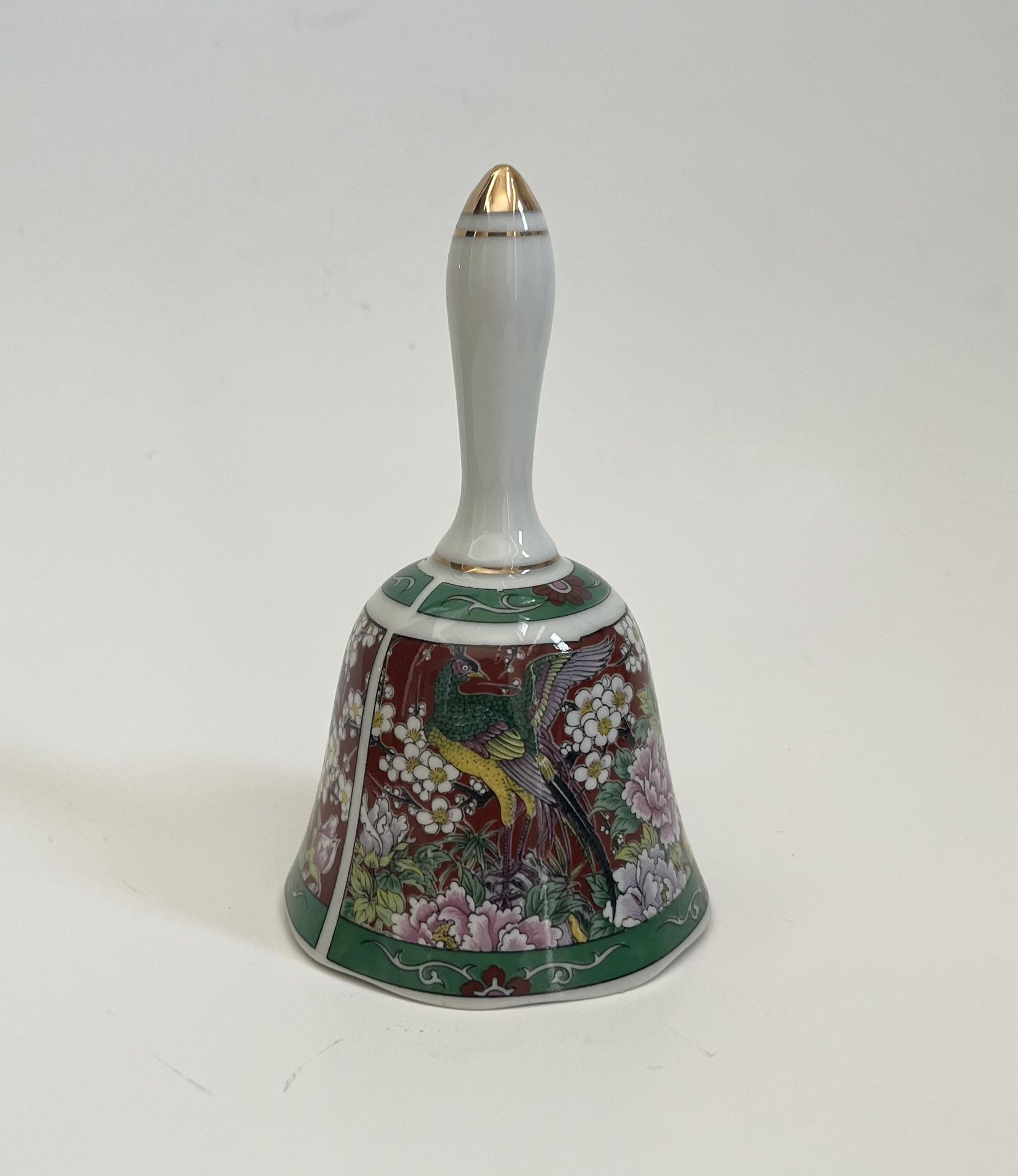 Vintage Japan Asian Ceramic Porcelain Bird Flowers Dinner Bell Figurine