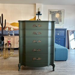 Beautiful Green Upright Dresser / French Provincial / Chest Of Drawers / Tallboy