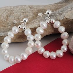 ❤️925 Lovely Sterling Silver Fresh-Water Pearls Circle Drop Earrings!/ Aretes de Plata Esterlina con Perlas de Agua Dulce! 👌🎁