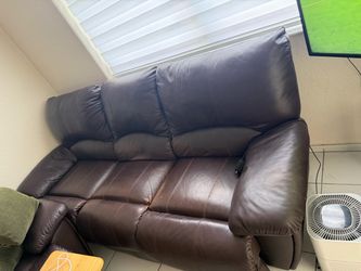 Brown Leather Reclining Loveseat, sofa and loveseat also 3 wood stool