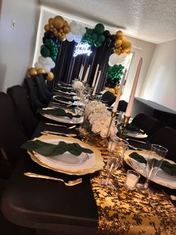Dinner party table setup and focal point backdrops