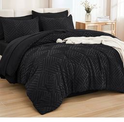 Andency 7 pcs Queen Comforter Set with Sheets, Black 7 Pieces, Bed in a Bag, Boho Lightweight Fluffy Tufted