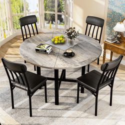 Round Dining Table Set for 4,Wood Round Kitchen Table and Chairs Set for 4,Modern Dining Room Table Set with 4 Faux Leather Chairs,Round Dinner Table 