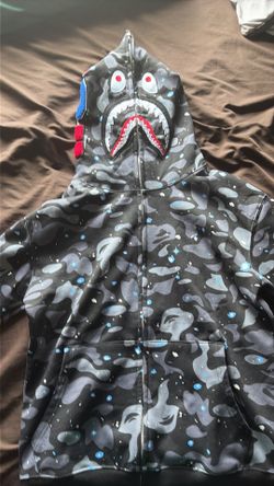 BAPE shark hoodie with gray and black camouflage with blue splatter Size M