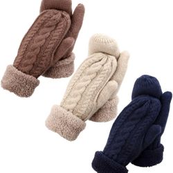 3 Pairs Winter Mittens For Women Warm Knit Thick Gloves with Thick Fleece Lining