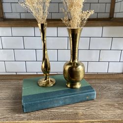2 Vintage Brass Bud Vases Gold Metal Flower Holder Boho Cottagecore Modern Farmhouse