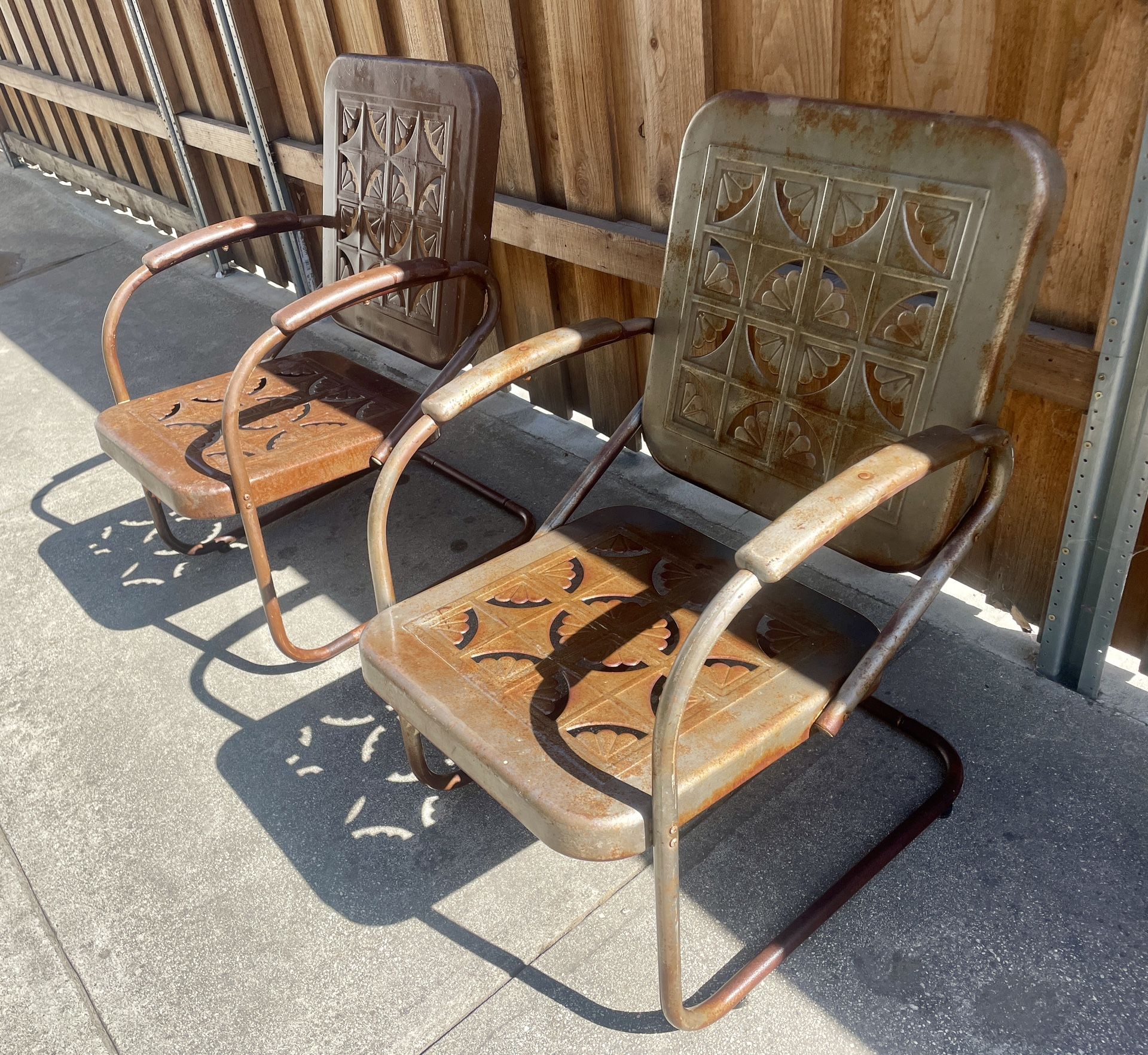 vintage Bunting pie crust, metal outdoor patio springer lounge chairs, a pair