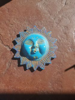 Colorful Turquoise And Yellow Gold Celestial Sun Face Wall Plaque
