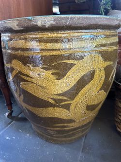 Large Vintage Chinese Egg Pot Jardiniere Planter with Dragon Motif