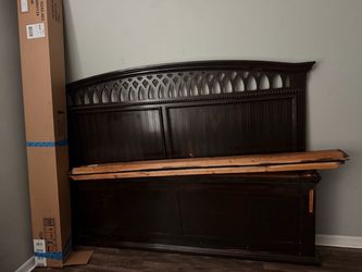 Dark Wood King bed frame with dresser and mirror and one night stand