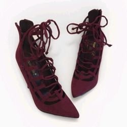 ​NWB ShoeDazzle Debbie Pumps Sz 7 - Maroon Bordeaux Stiletto Lace Up Heels Wine