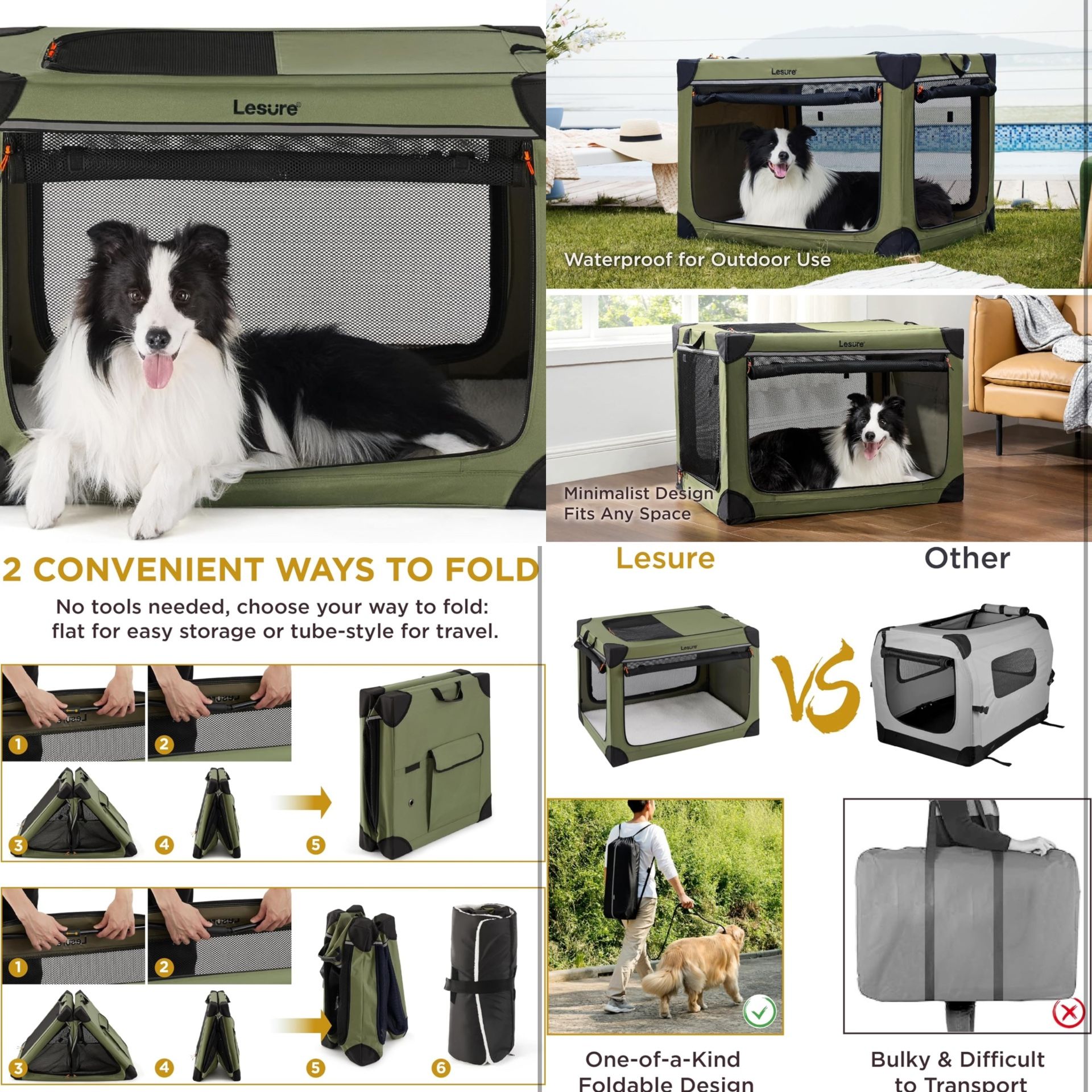 Soft Collapsible Dog Crate - 36 Inch Portable Travel Dog Crate for Large Dogs Indoor & Outdoor, 4-Door Foldable Pet Kennel with Durable Mesh Windows (
