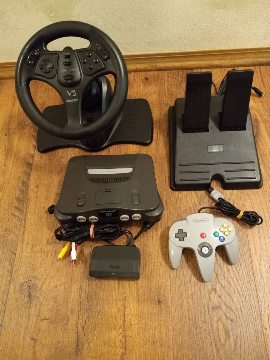 Nintendo 64 N64 Video Game Console With Racing Wheel And Pedals