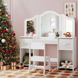 White Kids Vanity Table Set w/ Mirror, Chair & Storage