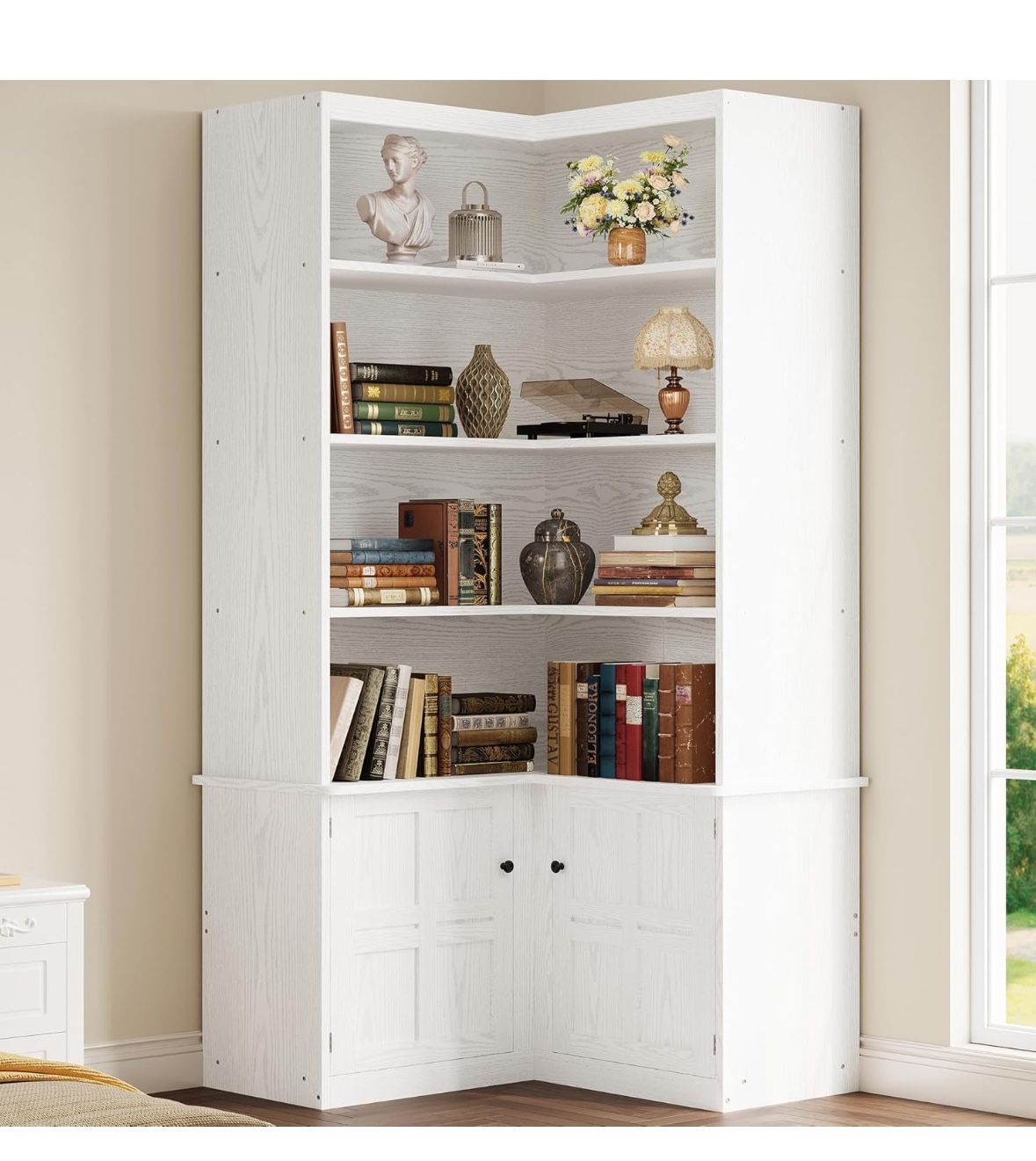 IRONCK Corner Bookshelf with Doors, 6 Tier Bookcase with Storage, Corner Shelf with Cabinet, Large Tall Bookshelf for Living Room, Home Office, Bedroo