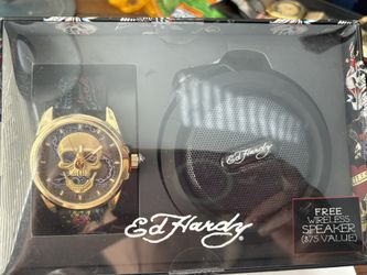 Ed Hardy Skull Watch & Bluetooth Speaker Gift Set – New in Box, Gold Tone, Tattoo Design
