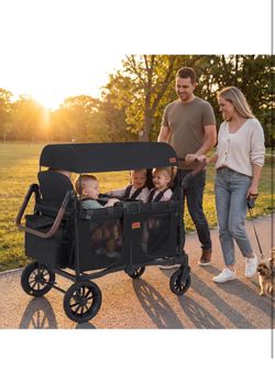4 Seater Wagon Stroller, All-Terrain Foldable Wagon for 4 Kids with Adjustable Push Pull Handles, 5-Point Harness, Detachable Seats, Snack Tray, Insul