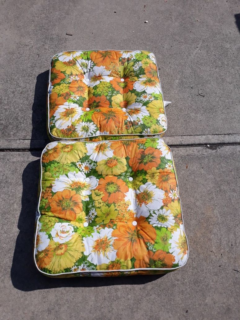 Pair vintage flower power retro vinyl patio cushions