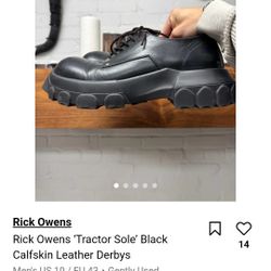 Rick Owens 'Tractor Sole' black calfskin leather derbys. 