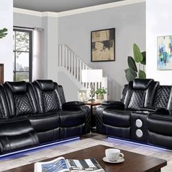 Brand New Black Leather Futuristic Power Reclining Sofa & Loveseat w Blue Tooth Speakers & LED Lights 