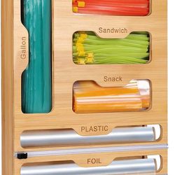 6 IN1 Bamboo Foil and Plastic Wrap Dispenser with Cutter for Kitchen Drawer, Storage Bag Organizer, Compatible with Gallon, Quart, Sandwich and Snack 