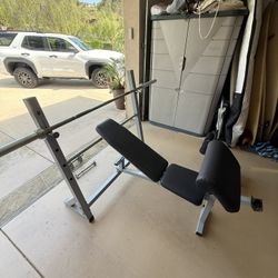 Weight Bench, Attachments, Bars, And Weights