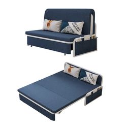 60.2" Modern Blue Cotton Linen Upholstered Convertible Sofa Bed with Storage
