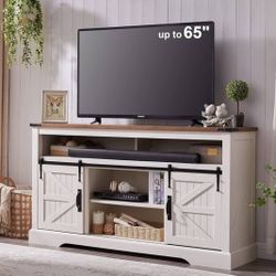 OKD Farmhouse TV Stand for 65+ Inch TV, 33" Tall Highboy Entertainment Center w/Sliding Barn Door, Rustic Media Console w/Storage Shelves, Wood Televi