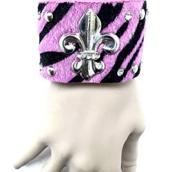 Pink Leopard Vegan Leather Bracelet with Fleur De lis symbol