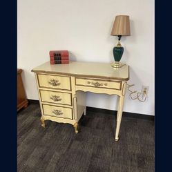 Mid Century Hollywood Regency 1940’s Cream Gold Desk 40” Antique Shabby Chic Table