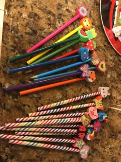 Brand new pencils and colored pencils with Eraser toppers