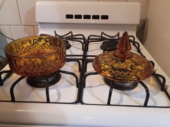 Amber Glass Footed Candy Dish Set