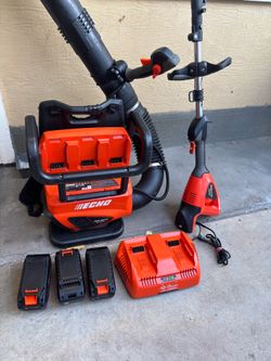 Used echo backpack blower and edge trimmer with 3 batteries and dual charger