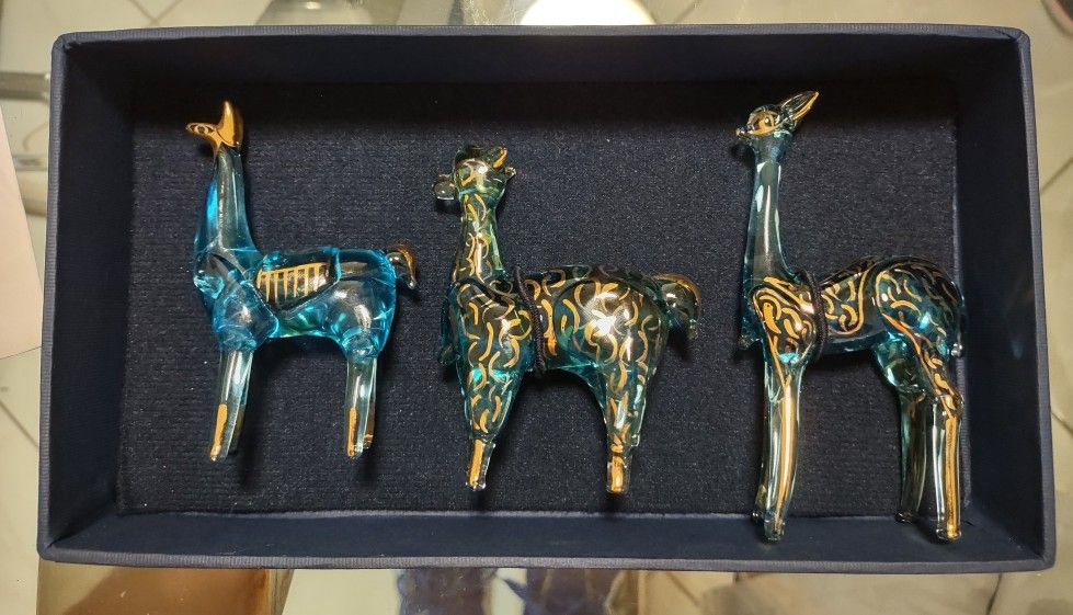 Vintage Peruvian Blue Glass Alpaca Figurine Features a Gold Leaf Overlay.
