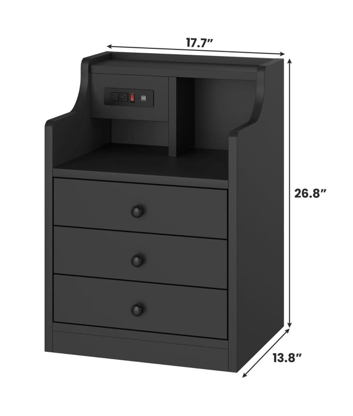 🥨1Pcs Black Nightstand with Charging Station 3 Drawers, Wood Sofa End Side Table with USB Ports and Outlet, Bedside Table Bedroom Nightstand