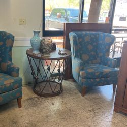 Two Blue And Brown Wingback Chairs