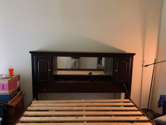 King size bed ( headboard , foot board, and frame) cabinet have glass shelves headboard with mirror (excellent condition